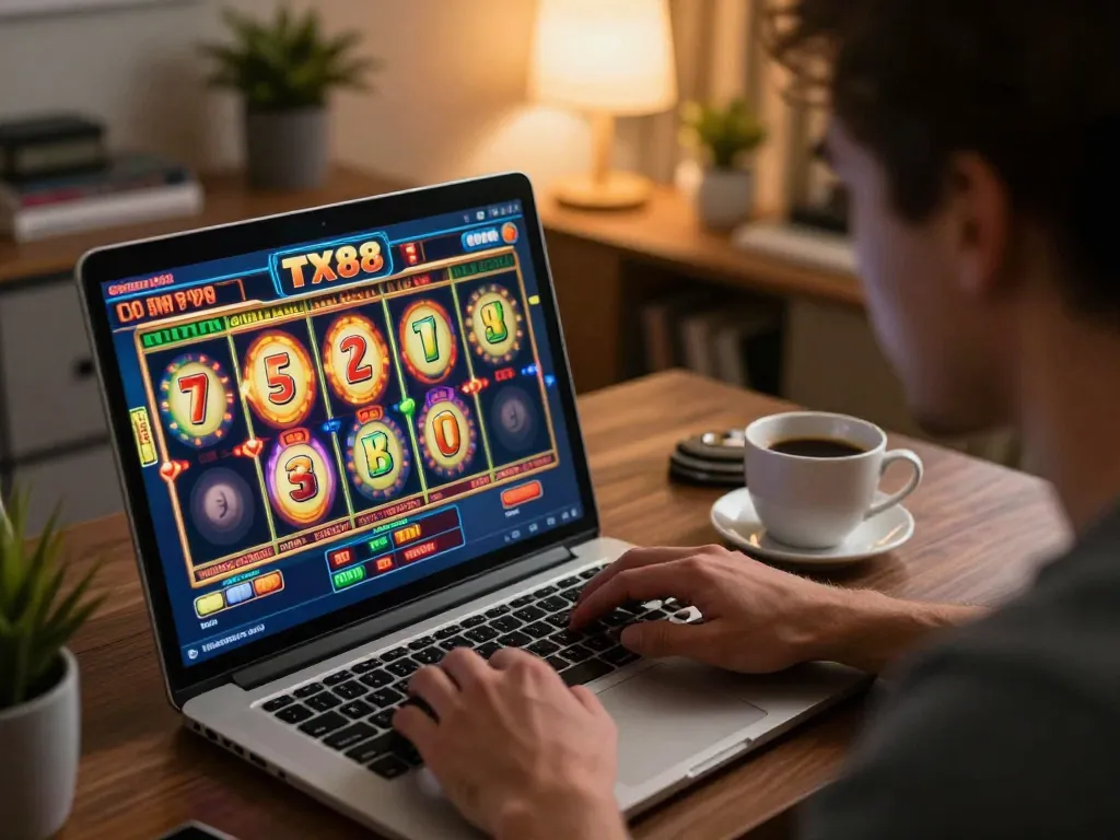 Engaging player spins TX88 slot reels on laptop during cozy home gaming session, emphasizing excitement.