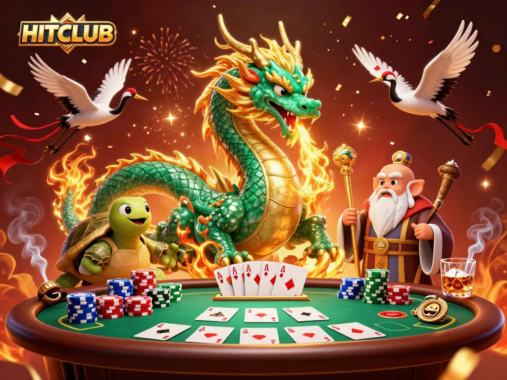 Experience HITCLUB excitement with a vibrant 3D casino scene filled with game elements and lucky symbols.