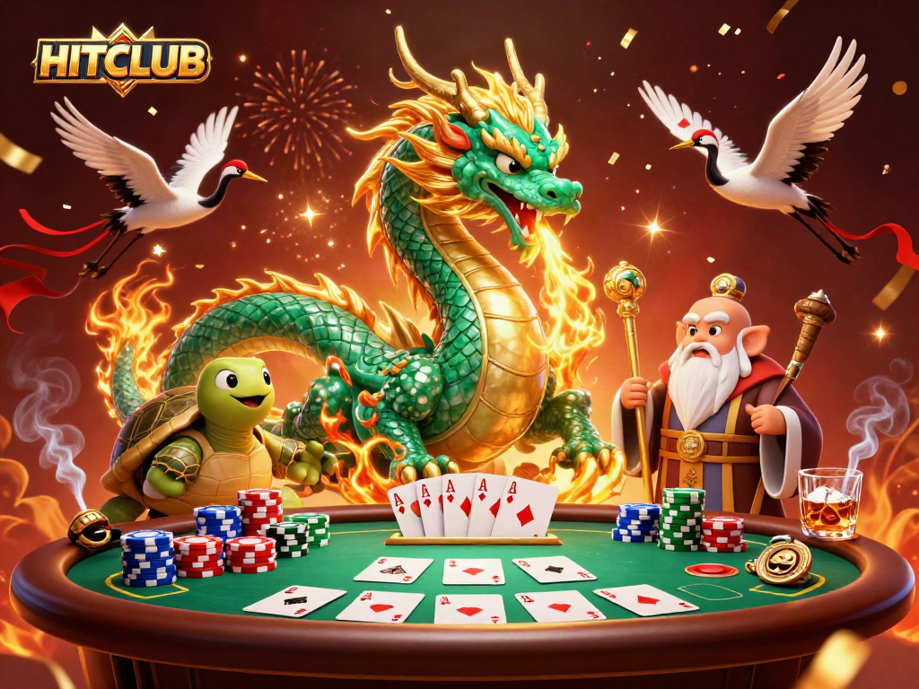 Experience HITCLUB excitement with a vibrant 3D casino scene filled with game elements and lucky symbols.