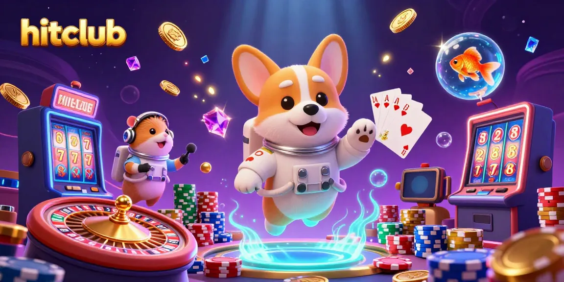Experience hitclub's vibrant casino scene with our playful astronaut corgi among drifting coins and slot machines.