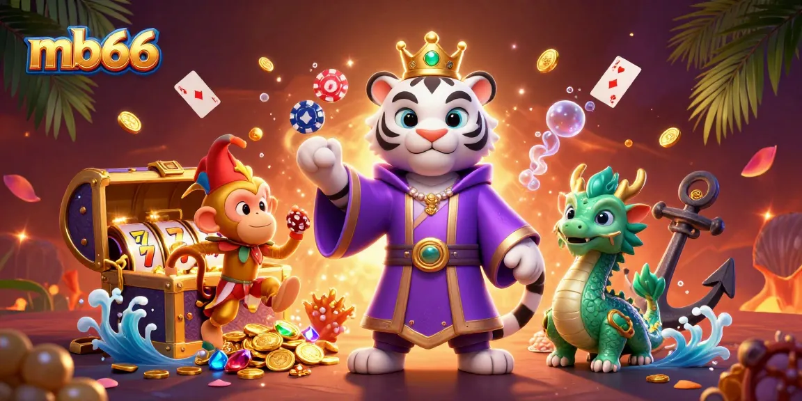 Experience thrilling wins at mb66 with majestic characters and vibrant casino elements in a lively 3D scene.