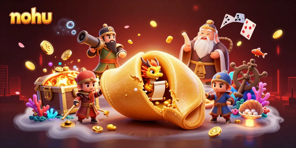 Nohu features an engaging 3D cartoon scene with a golden fortune cookie and a wise dragon, highlighting casino elements.