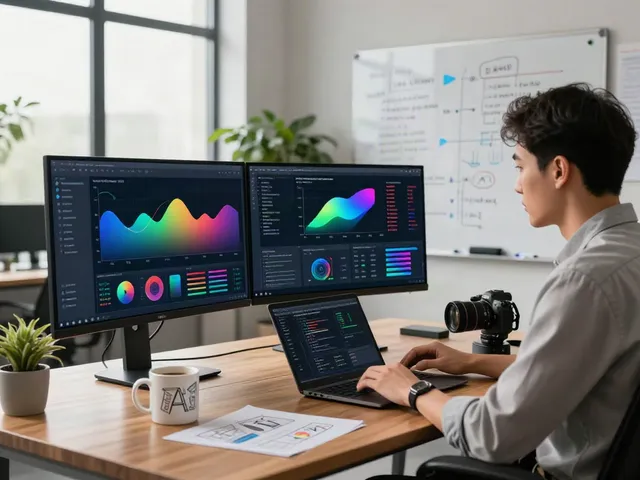 Data scientist analyzing AI search visibility metrics in a modern tech workspace.
