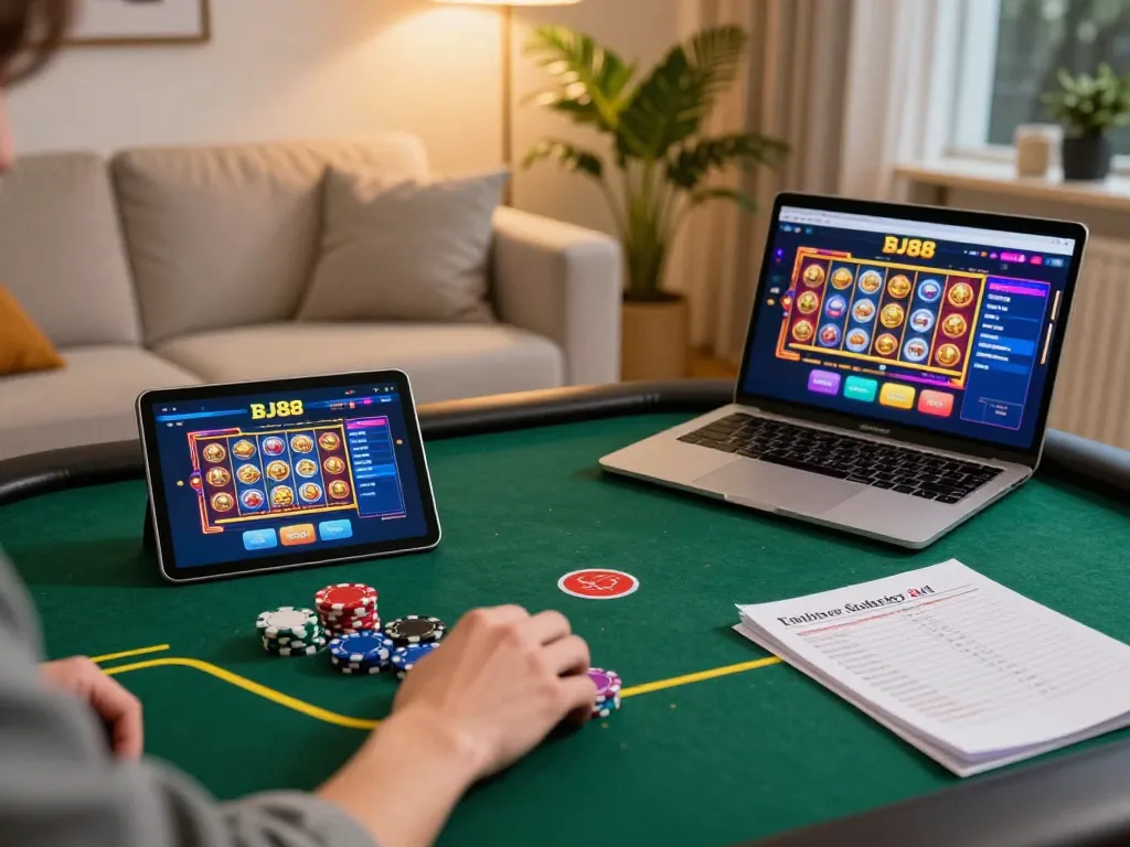 Player engaging in slot games and poker on BJ88BJ tablet in a cozy home setting