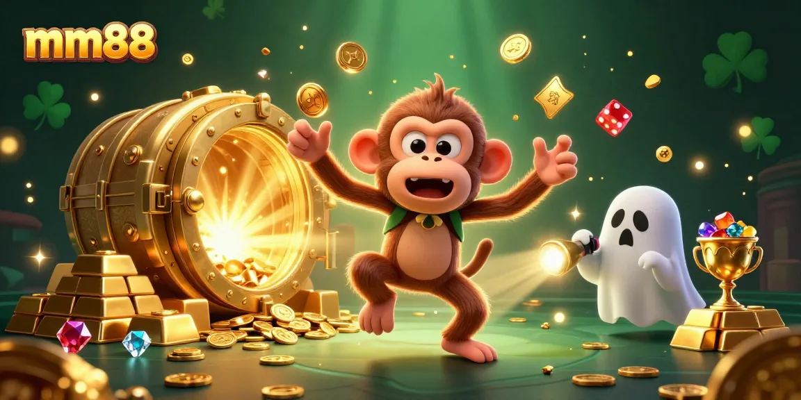 Experience thrilling gameplay at MM88 with a lively 3D scene of a ghostly monkey juggling exciting casino treasures.