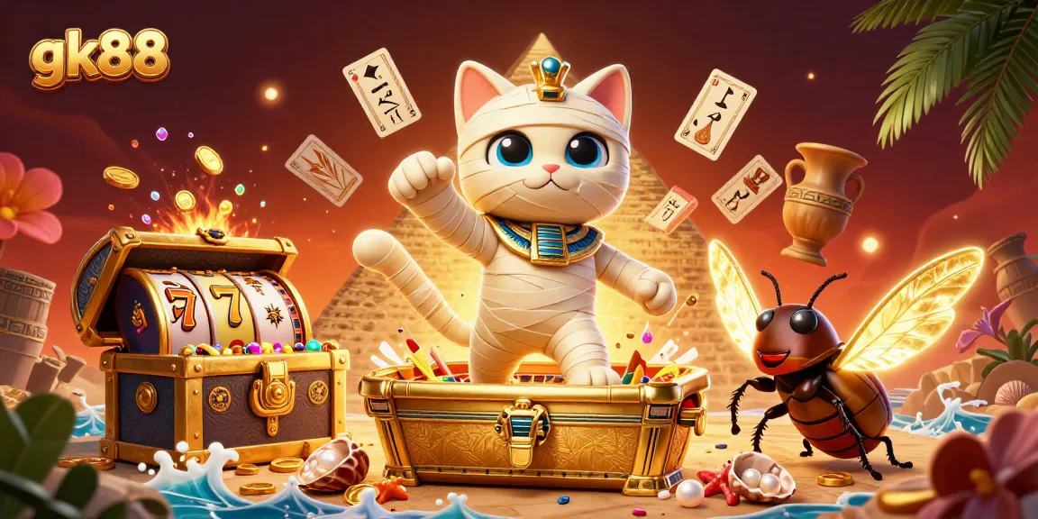 Experience thrilling games at gk88 with an Egyptian mummy cat and golden treasures surrounding casino fun.
