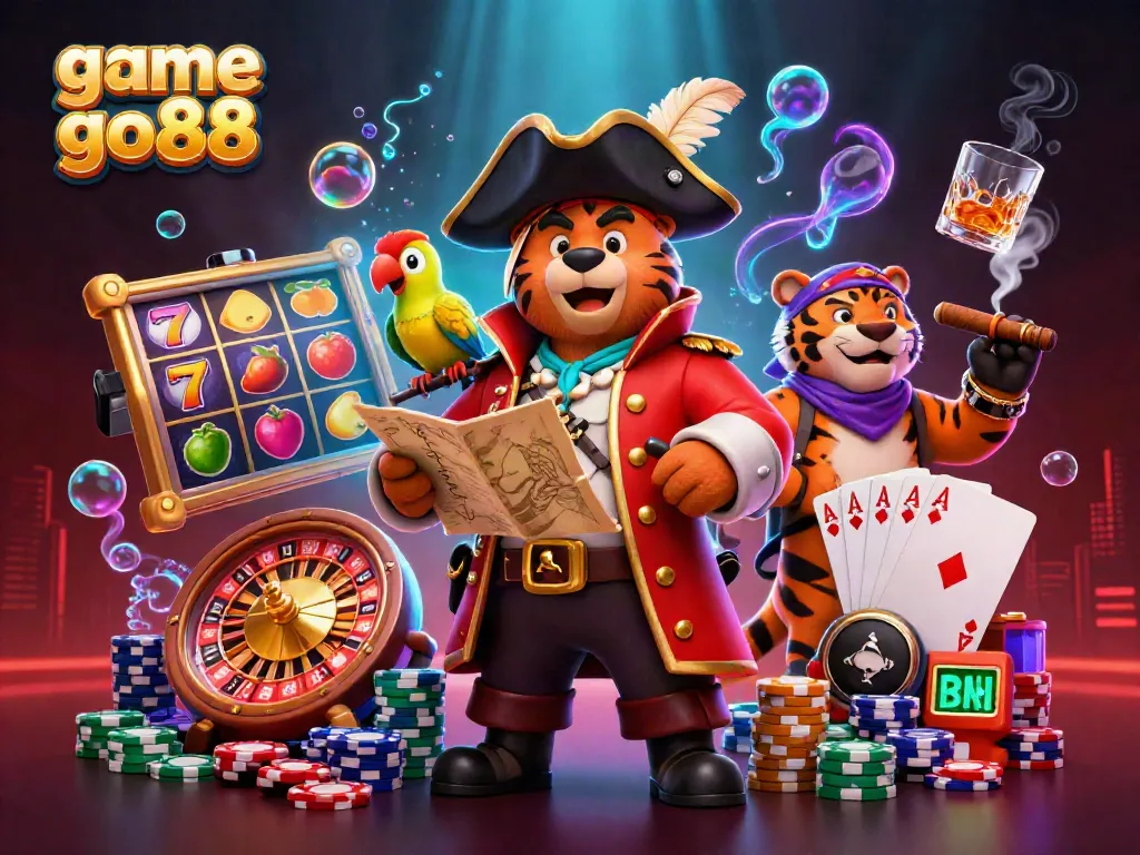 Engage with vibrant game go88 through dynamic characters and casino elements in a lively digital illustration.