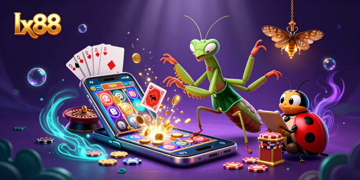 Experience the excitement of lx88 with a giant praying mantis dealer amidst vibrant casino elements.