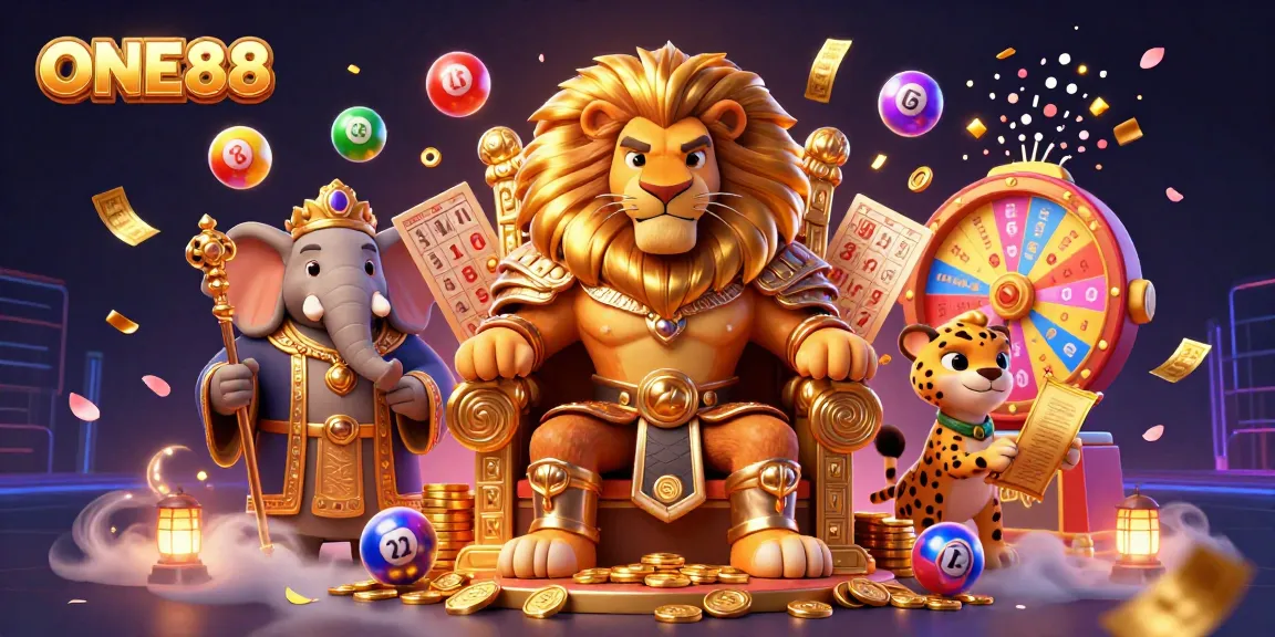 Experience the excitement of ONE88 with vibrant lottery balls and royal characters in a captivating casino scene.