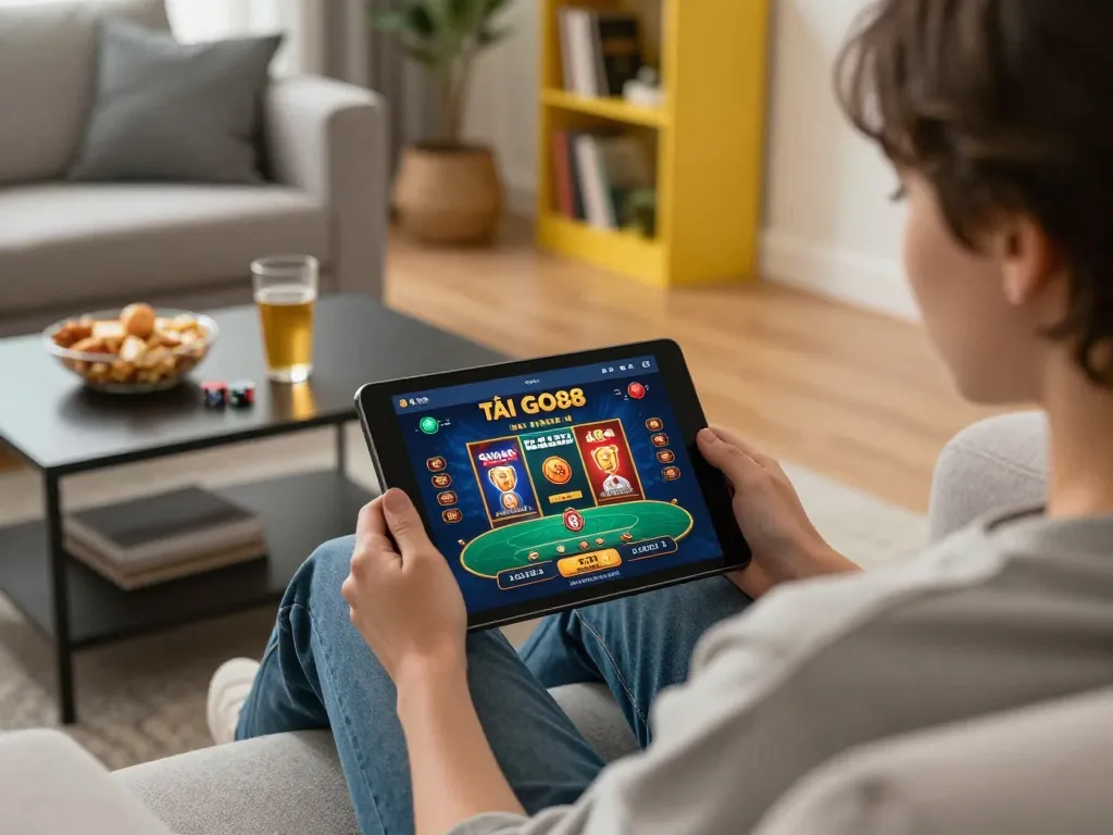 TẢI GO88 app displayed on a tablet during a cozy home gaming session, highlighting online casino entertainment.