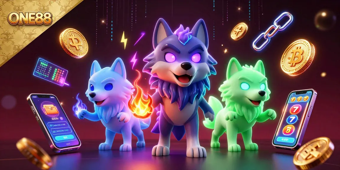 Experience the thrilling world of ONE88 with a vibrant 3D wolf theme showcasing crypto elements amidst casino action.