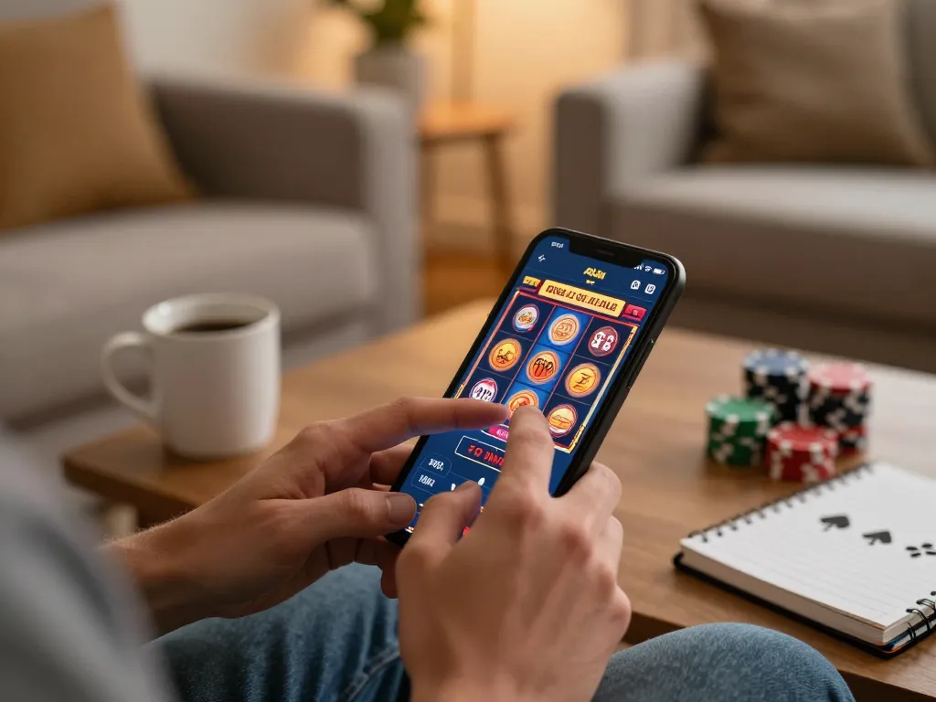 Tg88 player enjoying an exciting online slot game on mobile app in cozy home setting