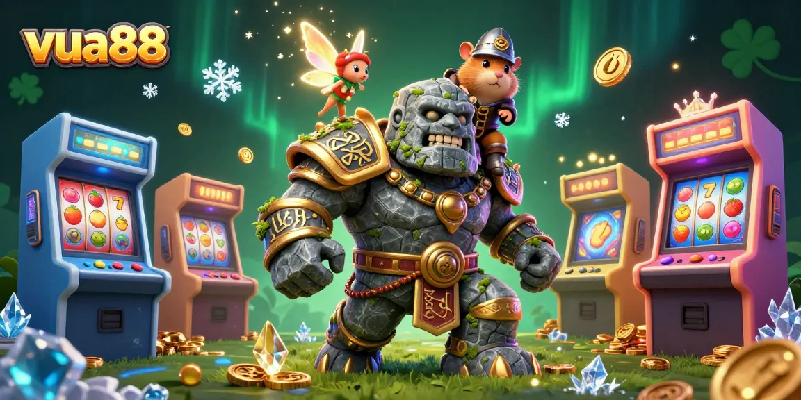 Join the action at vua88 with a 3D golem guardian, fairy magic, and vibrant slot reels in a lively casino scene.