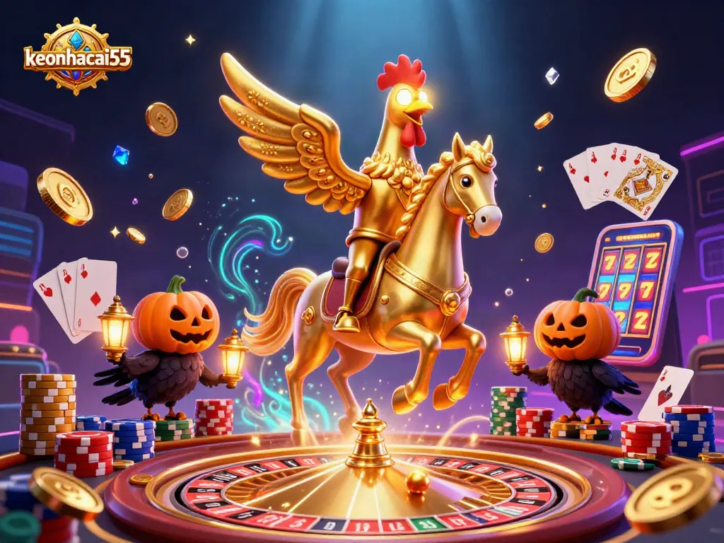 Experience thrilling gameplay at keonhacai55 with golden rooster and casino elements illuminated.