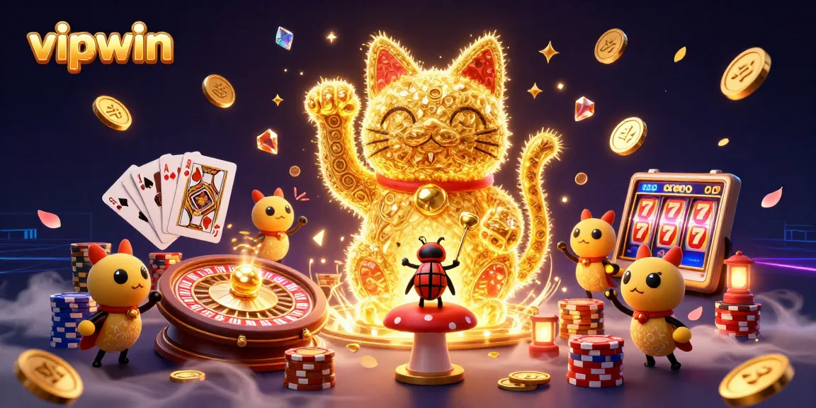 Experience the magic of vipwin with a dazzling lucky cat and golden fireflies celebrating casino fun.