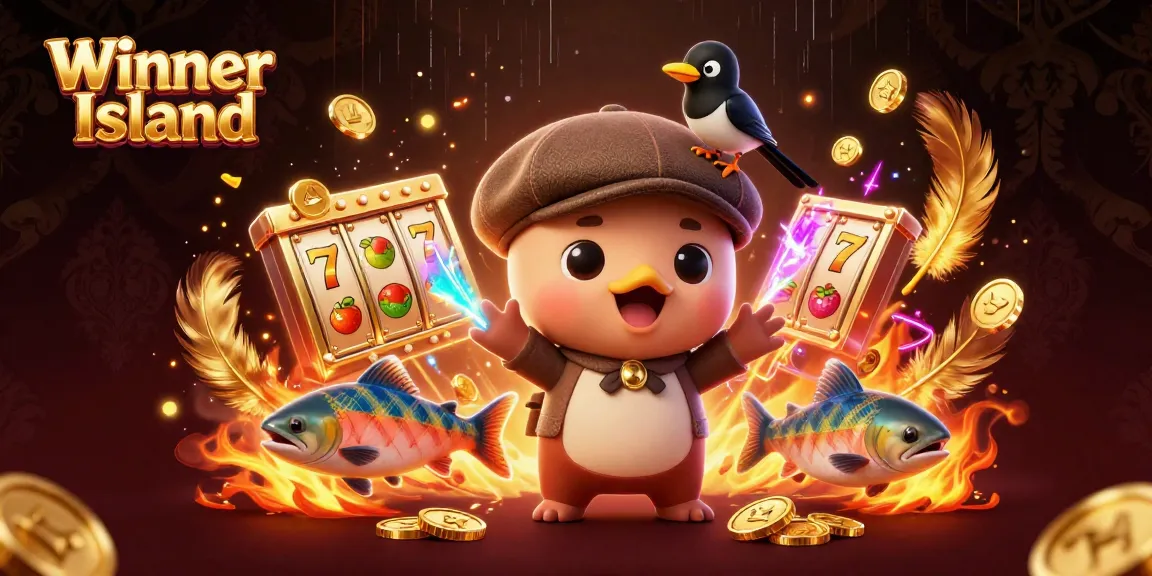 Experience the excitement of Winner Island, where colorful characters gather among slot games and golden treasures.