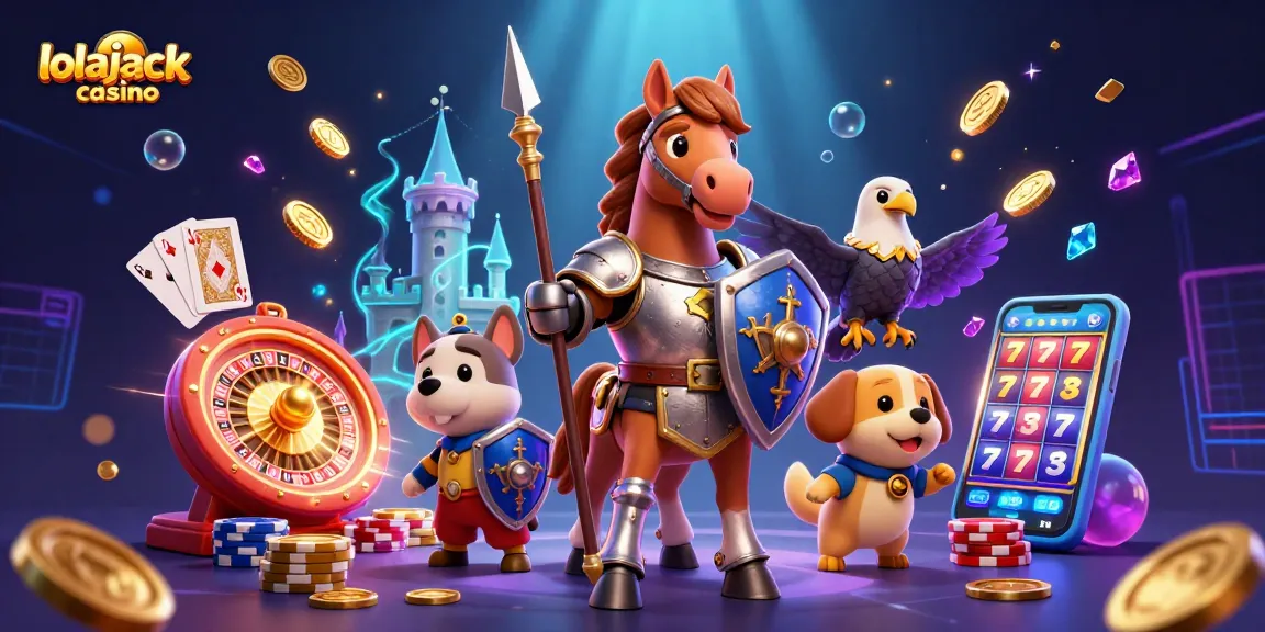 Experience the thrill of the lolajack casino with a vibrant 3D illustration of knights, coins, and games.