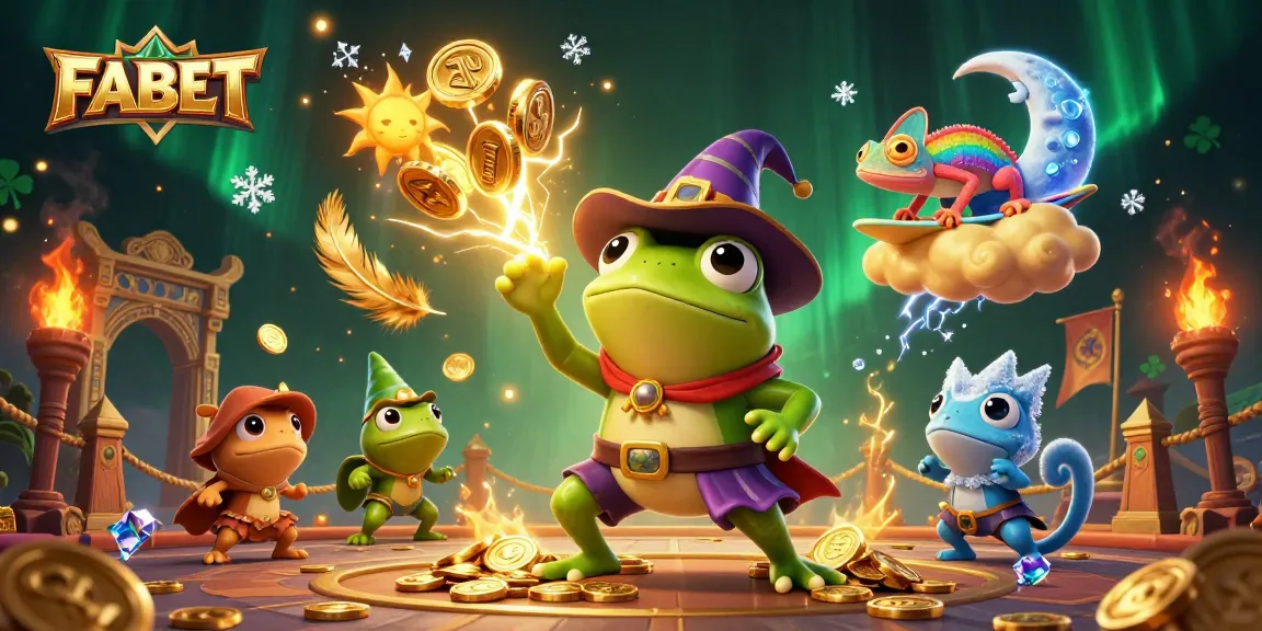 Experience FABET's thrilling fun with a wizard frog and chameleon in an exciting casino scene.