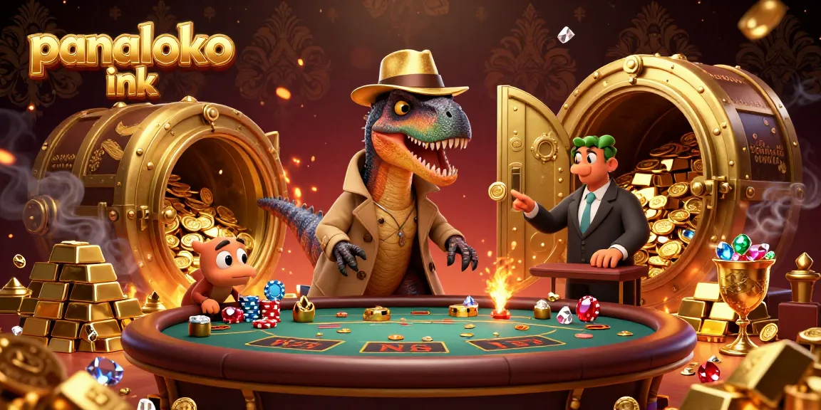 Panaloko ink showcases a 3D velociraptor at a blackjack table amidst a treasure-filled casino.