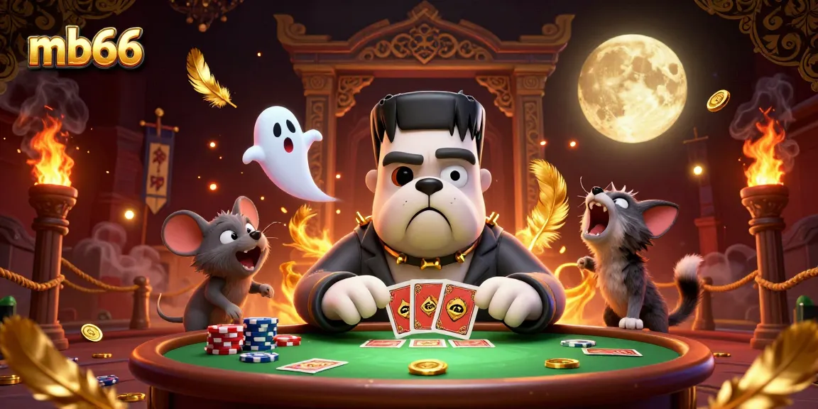 mb66 card dealer engaging players at a spooky casino table with ghostly elements