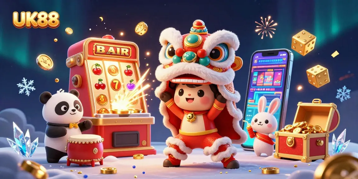 Join the excitement at UK88 with a vibrant festival-themed 3D illustration of a lion dance and gaming elements.