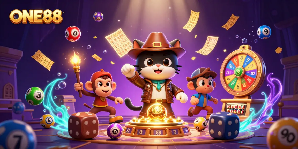 Experience the excitement of ONE88 with an adventurous cat and monkey in a dazzling casino scene.
