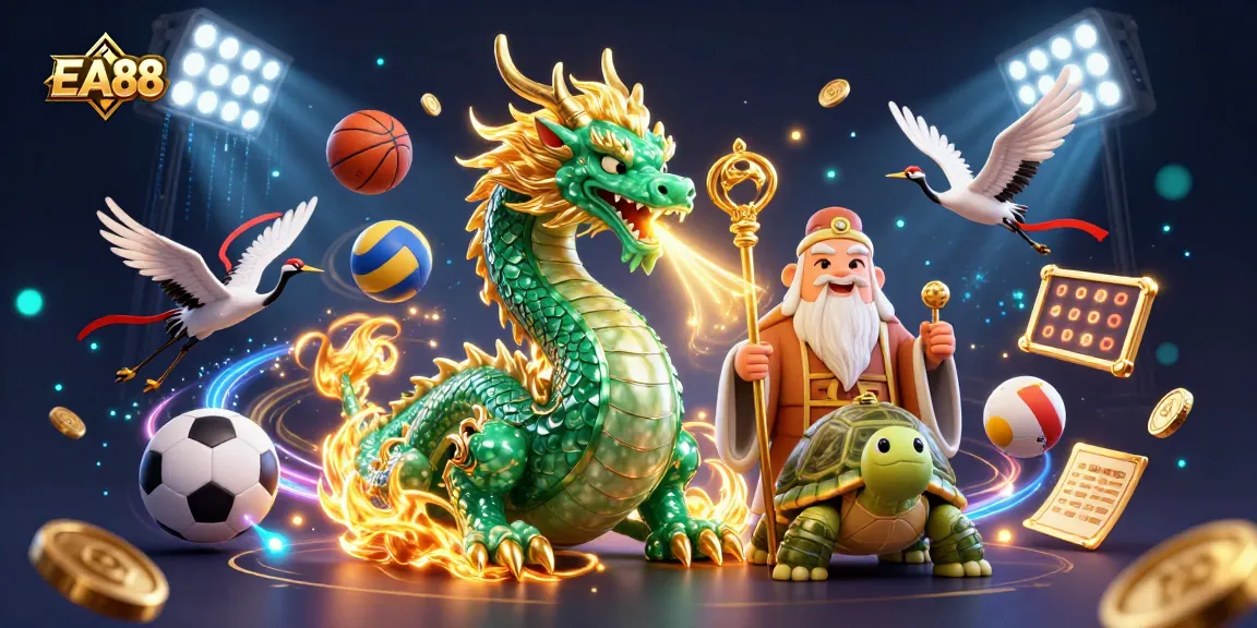 Experience thrilling gameplay with EA88 as a majestic jade dragon breathes fire amid vibrant sports elements.