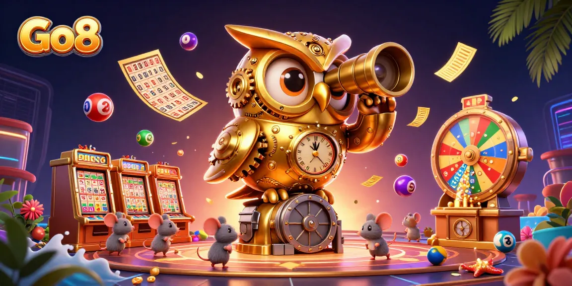 Join the excitement at Go8 as colorful lottery balls bounce and golden tickets flutter in a vibrant casino scene.
