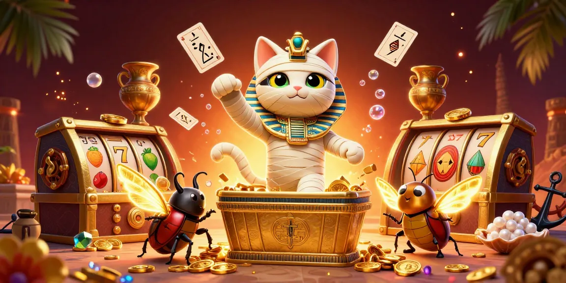 Experience the thrill of du88 with a vibrant 3D casino scene featuring an Egyptian mummy cat and treasures.