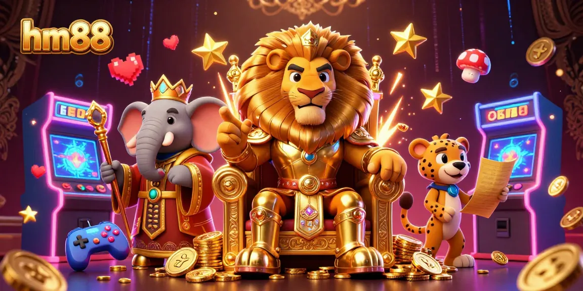 Win big at hm88 with a lively scene showcasing a lion king and vibrant casino elements.