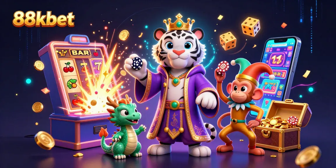 Engage at 88kbet with a lively 3D casino scene featuring a royal tiger, monkey, and dragon.