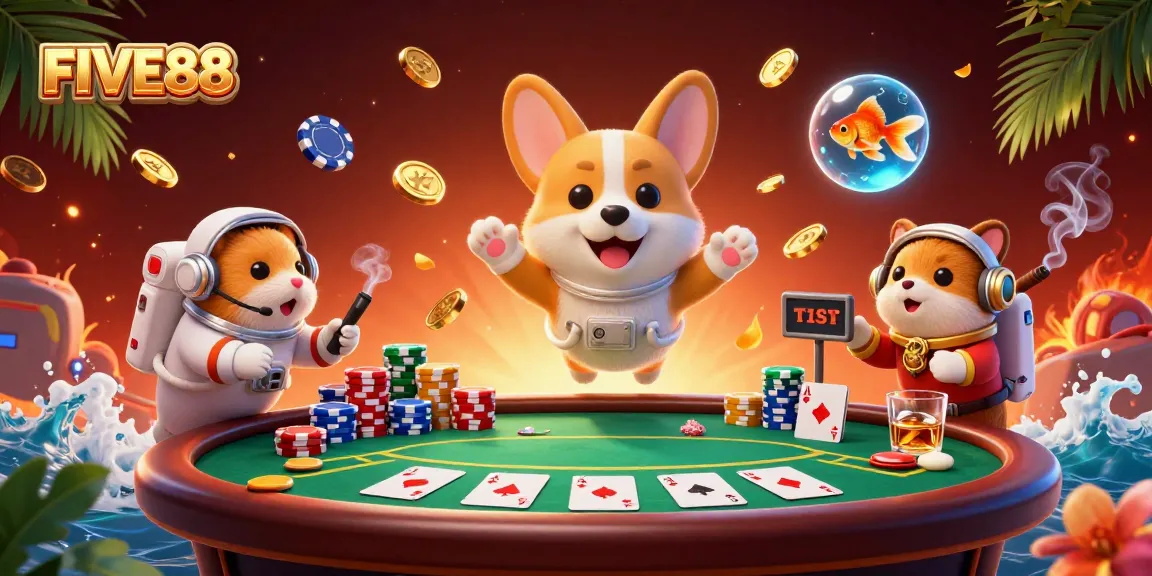 Experience the excitement of FIVE88 with an astronaut corgi in a vibrant casino scene.